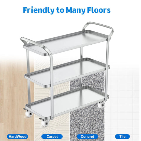 Front view of stainless steel 3-tier rolling cart with four 2-inch swivel caster wheels