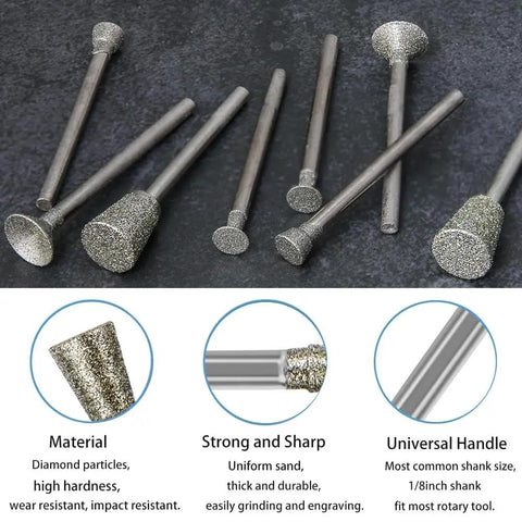 Diamond Burr Bit Set For Stone Carving And Engraving With One Eighth Inch Shank, Compatible With Rotary Tools, 8-piece set.