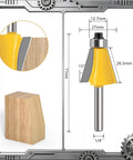 Top Shelf Five Piece Chamfer Router Bit Set With Quarter Inch Shank, showing chamfer bit with dimensions and wood block.