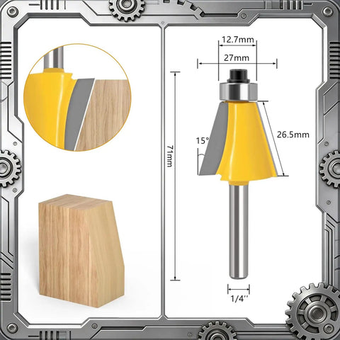 Top Shelf Five Piece Chamfer Router Bit Set With Quarter Inch Shank, showing chamfer bit with dimensions and wood block.