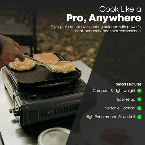 Cooking pancakes outdoors on Butane Camp Stove With Flat Top Griddle Included Portable Piezo Ignition Diecast Aluminum Nonstick Coating Tent Camping Stove For Outdoor Cooking And Kitchen Powerful Burners For Grilling Boiling.