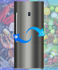 Huge 21 Cube Upright Freezer No Sweat Frost Free Top Tier Stainless Housing with freezer and fridge temperature settings displayed.
