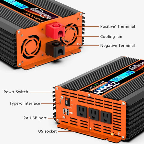 Heavy Duty 2500 Watt Pure Sine Wave Power Inverter 12V DC To 110V 120V AC Converter For RV Car off grid; cooling fan, USB port