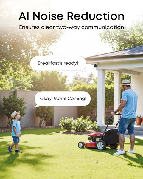 Father and son in garden with Powerful PoE NVR Security System With 4K Turret Cameras installed, showcasing AI noise reduction.