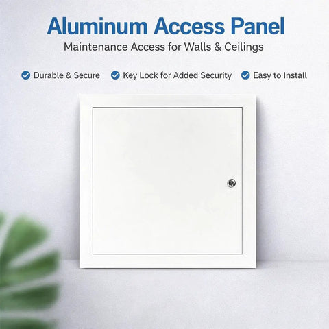 Heavy Duty Locking Aluminum Access Panel For Drywall Ceilings And Interior Walls Featuring Bulletproof Key Guard, white wall panel with key lock.