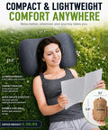 Woman using Inflatable Camping Pillow With Removable Washable Cover for Backpacking, lying on grass with compact size illustration.