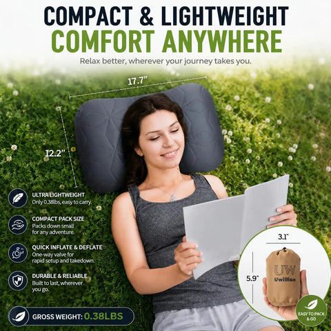 Woman using Inflatable Camping Pillow With Removable Washable Cover for Backpacking, lying on grass with compact size illustration.