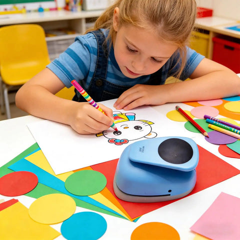 Child crafting with XL 3 Inch Circle Punch For Paper Crafts And Scrapbooking Easy To Use Spring Action Lever Cutter Blue.