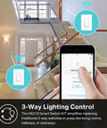 Image of Three Way Smart Light Switch Kit with Neutral Wire, 2.4GHz WiFi, Works with Alexa and Google Home in a modern hallway.
