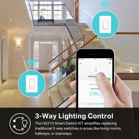 Image of Three Way Smart Light Switch Kit with Neutral Wire, 2.4GHz WiFi, Works with Alexa and Google Home in a modern hallway.