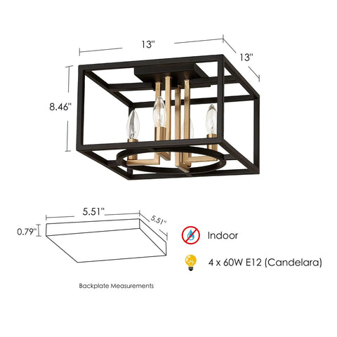 Mundazo 4 Light Semi Flush Modern LED Ceiling Light Fixture Dimmable Open Frame Design In Black And Gold For Hallways Living Rooms