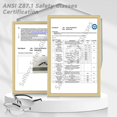 ANSI Z87.1 Safety Glasses Certification test report with Tough As Nails Ansi Z87.1 Certified Safety Glasses for Men shown.