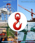 Built Like A Tank Heavy Duty Swivel Lifting Hook Featuring A Secure Safety Latch And Five Ton Working Load Limit in a construction setting.