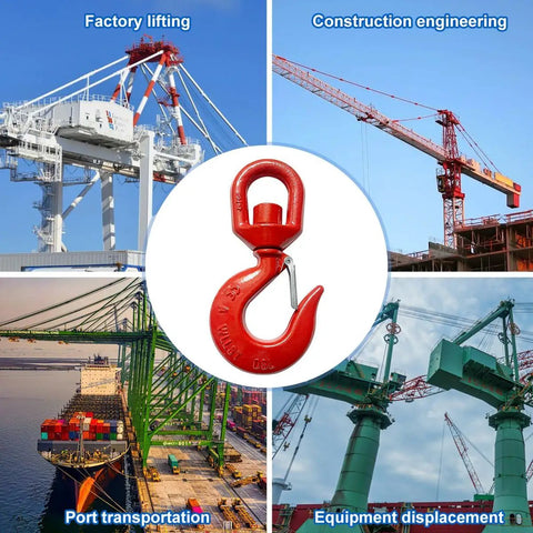 Built Like A Tank Heavy Duty Swivel Lifting Hook Featuring A Secure Safety Latch And Five Ton Working Load Limit in a construction setting.