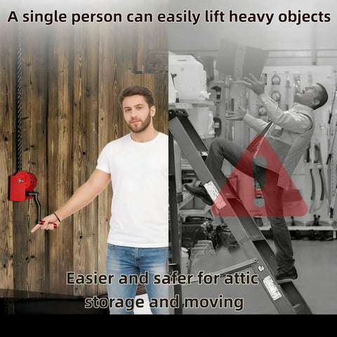 Beefed Up Heavy Duty Ceiling Mounted Garage Storage Lift System With 300 Lb Capacity shown in use for attic storage.