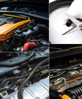 Six Piece Silicone Vacuum Tubing Hose Kit For Automotive Use, black flexible hoses in engine bay, close-up cutting view.