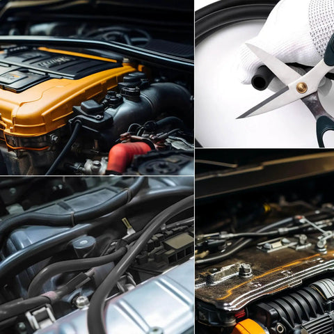 Six Piece Silicone Vacuum Tubing Hose Kit For Automotive Use, black flexible hoses in engine bay, close-up cutting view.