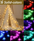 Star String Lights 20Ft Battery Operated Color Changing Fairy Lights With 40 LEDs Remote Control Indoor Outdoor Hanging Twinkle Decor For Bedroom Patio Party And More glowing around a white tent and showing 16 solid colors.