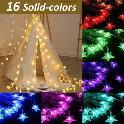 Star String Lights 20Ft Battery Operated Color Changing Fairy Lights With 40 LEDs Remote Control Indoor Outdoor Hanging Twinkle Decor For Bedroom Patio Party And More glowing around a white tent and showing 16 solid colors.