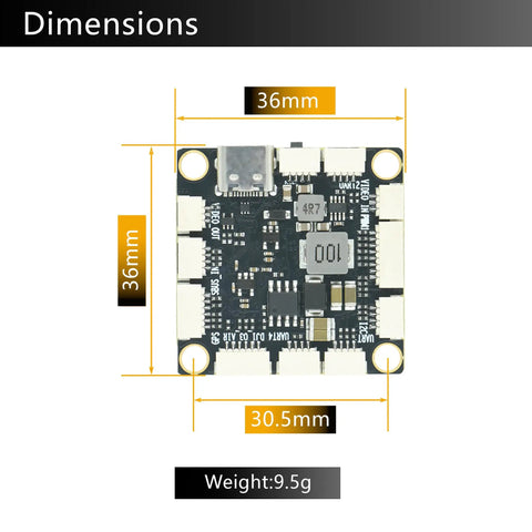Selfie Ready Drone Flight Controller F405NC Pro Grade Rig With BMI42688 IMU SPL06 DPS310 Barometer OSD shown with dimensions