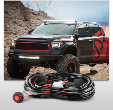 2 Pack 16AWG LED Light Bar Wiring Harness Kit for off-road lights with illuminated 3-pin rocker switch shown with off-road vehicle.