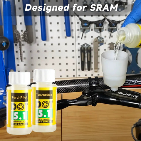 DOT 5.1 Hydraulic Brake Fluid For Bike Disc Brakes High Performance Oil Compatible With SRAM Avid Hayes Hope Formula Systems 120ml 4oz Built For Consistent Bleeds And Beast Mode Stops In Any Weather Pro Level Reliability bottle and brake system