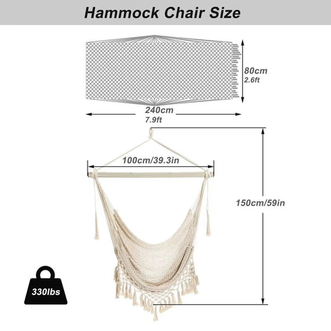 Cozy Cotton Rope Hammock Chair With 330Lb Weight Capacity, Large Indoor Outdoor Hanging Swing dimensions illustration.
