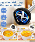 Upgraded 4-prong enhanced blade of Powerful 1000W Immersion Blender 5 In 1 Handheld Electric Mixer for soups and purees.