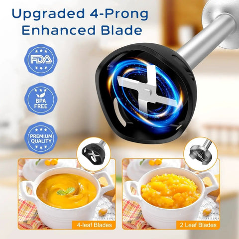 Upgraded 4-prong enhanced blade of Powerful 1000W Immersion Blender 5 In 1 Handheld Electric Mixer for soups and purees.