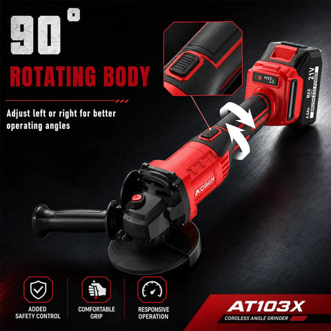 Cordless 21V Angle Grinder Kit With 4 Point 5 Inch Disc Brushless Motor 180 Degree Rotating Body Paddle Switch includes rotating body
