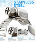 186 Piece 304 Stainless Steel Hose Clamp Kit With Eight Sizes From One Quarter To Two Inches Built To Last Heavy Duty Worm Gear Clamps Rust Proof Oil Resistant And Corrosion Resistant For Indoor Outdoor Use; close-up of clamp and screw details