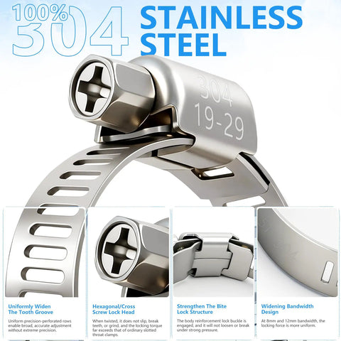 186 Piece 304 Stainless Steel Hose Clamp Kit With Eight Sizes From One Quarter To Two Inches Built To Last Heavy Duty Worm Gear Clamps Rust Proof Oil Resistant And Corrosion Resistant For Indoor Outdoor Use; close-up of clamp and screw details