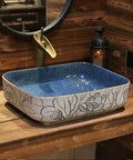 USZWBY Vessel Sinks Bathroom Vessel Sink Chinese Style Ceramic Washbasin Rectangular Countertop with Faucet showing unique floral design