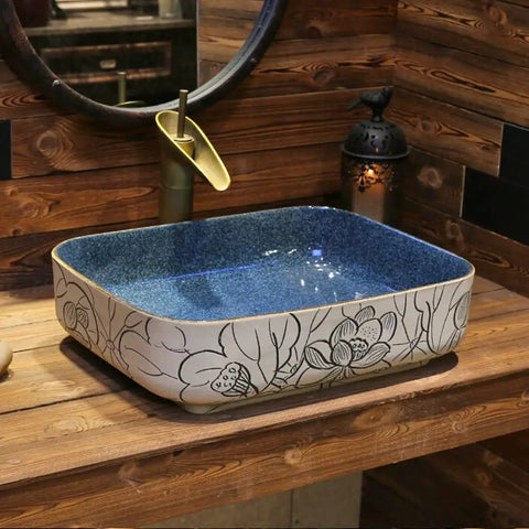 USZWBY Vessel Sinks Bathroom Vessel Sink Chinese Style Ceramic Washbasin Rectangular Countertop with Faucet showing unique floral design