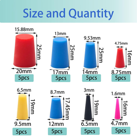 40 Piece High Temp Silicone Rubber Stoppers Set With 8 Sizes Tapered Plugs Color Coded For Masking In Powder Coating Painting Anodizing Plating And Media Blasting Pro Grade, showing color-coded sizes and dimensions.