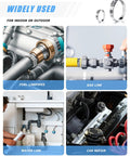 Single-ear hose clamp kit, 210pcs, 304 stainless steel with pincer tool; shown for fuel, gas, water lines and car repair.