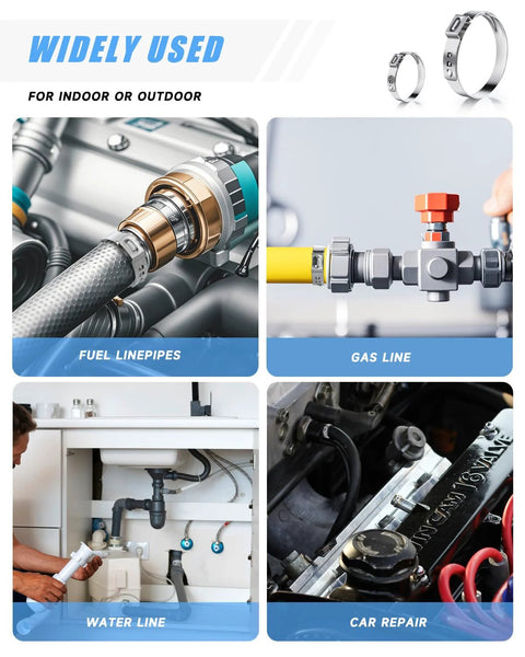 Single-ear hose clamp kit, 210pcs, 304 stainless steel with pincer tool; shown for fuel, gas, water lines and car repair.