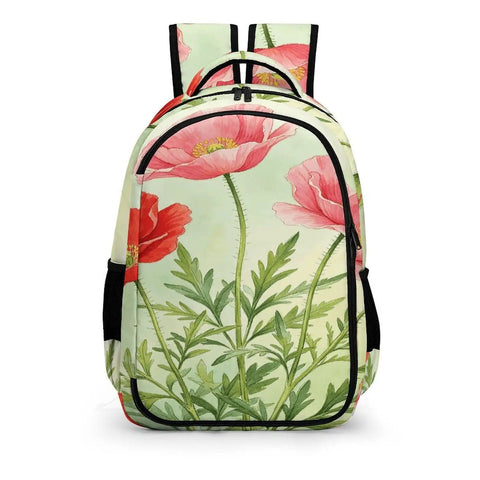 Red Pink Poppy Watercolor Printed Backpack For Unisex Everyday Carry Ready Large Capacity Carryall Bag Durable Polyester