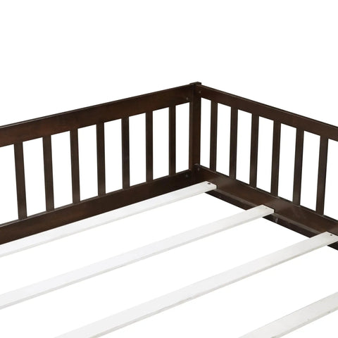 Detail of Queen Size Rubber Wood Bed Frame With Safety Guardrails And Door, showing the slats and guardrails, heavy duty foundation.