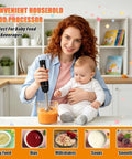 Mother using an 800W Corded Handheld Immersion Blender With Four Sharp Stainless Steel Blades for baby food preparation.