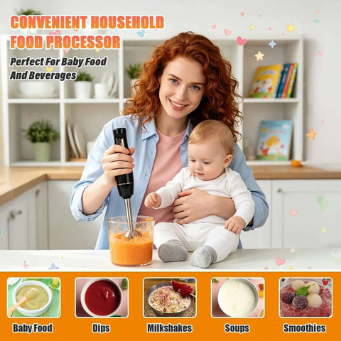 Mother using an 800W Corded Handheld Immersion Blender With Four Sharp Stainless Steel Blades for baby food preparation.