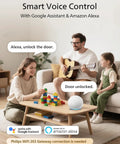Family in living room using smart speaker with Google Assistant and Amazon Alexa for smart home control with voice commands.