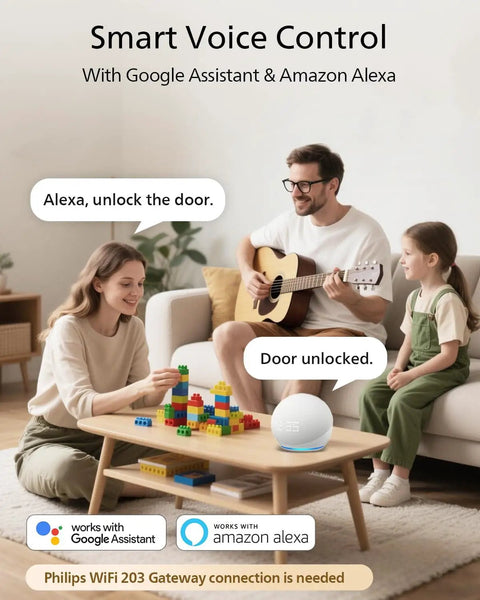 Family in living room using smart speaker with Google Assistant and Amazon Alexa for smart home control with voice commands.