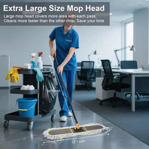 Straight Up 24 Inch Commercial Dust Mop Heavy Duty Floor Duster With Smooth Swivel Head Grey in office setting with cleaning cart.