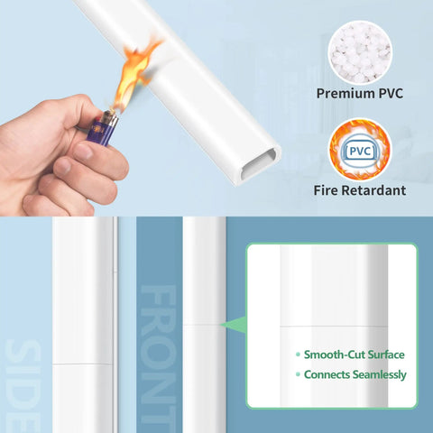 2 Cords Wire Cover Kit for Wall Mounts White PVC Cord Concealer for Extension Cords Ethernet Cables and Speaker Wires 0.7 in W by 0.4 in H Durable Odorless Fire Resistant No Yellowing shown with fire resistance test