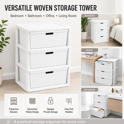 Wide Three Drawer Plastic Storage Tower With Cross Weave Removable Bins For Keeping Your Space Looking Fresh While Solidly Organizing Clothes And Daily Essentials