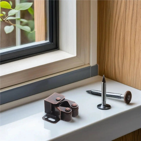 Double Roller Cabinet Door Catch Set Of 12 With Soft Cushion Spring Loaded Ball Latches on windowsill, close-up view