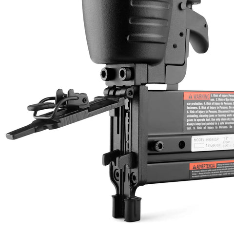 Close-up of 18 Gauge One Quarter Inch Narrow Crown Stapler with pro-grade no mar tip, 360 degree exhaust and thumb wheel depth adjustment