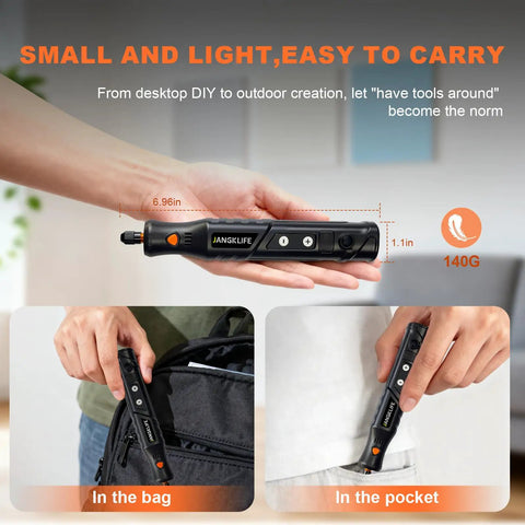 Mini Cordless Rotary Tool Kit With 76 Piece Accessory Set 5 Speed 3.7V Rechargeable Hand Tool shown held in hand and pocket