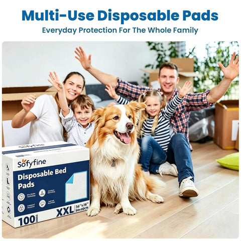 Heavy Duty Extra Large Disposable Bed Pads 36X36 Inches 100 Count Beast Level Absorbency Waterproof Underpads displayed with family and pet.